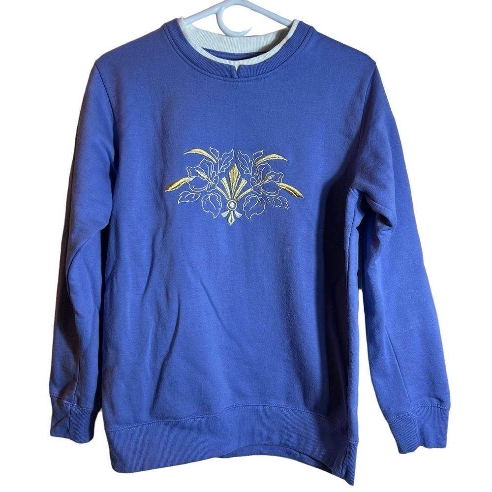 Pembrook Blue Crewneck Layered Neckline Pullover Cotton Blend, Gold Stitch, Med